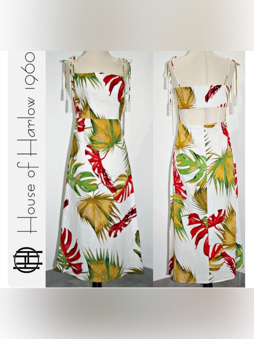 House of Harlow Linen-Blend Cut Out Smocked Back Straps Bead Tassels Dress M